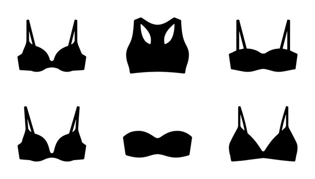 Diverse Bra Styles Collection, Black Silhouette Icons Set: Lingerie, Underwear, Fashion, Sports Bras, Strapless, Push-up, Everyday Wear