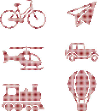 Cross stitch style transportation icons set isolated