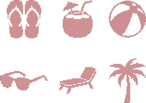 Summer beach vacation elements in cross stitch style