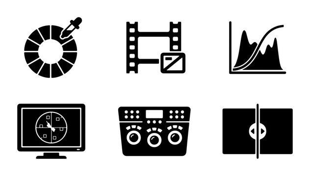 Video Editing Icons, Color Grading Tools, Film Production Graphics, Post-Production Workflow Symbols, Digital Media Icons, Set of 6