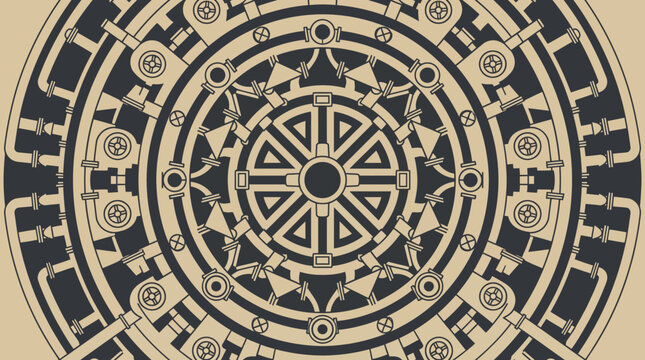 Intricate black and beige aztec mandala circular pattern design