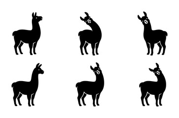Six Black Llama Silhouettes, Vector Icons Set, Cute Animal Graphics for Design Projects, Minimalist South American Camelid Illustrations © Saiful