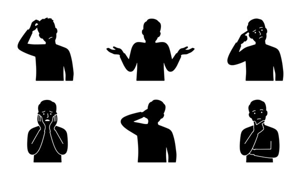 Silhouette Poses: Confusion, Doubt, Thinking, Questioning, Uncertainty, Bewilderment, Vector Icons Set