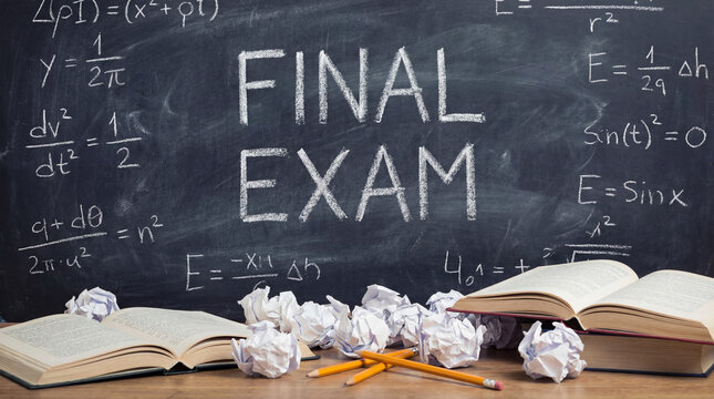 Final exam concept with chalk board showing mathematics formulas, books, papers, and pencils, symbolizing academic stress and study