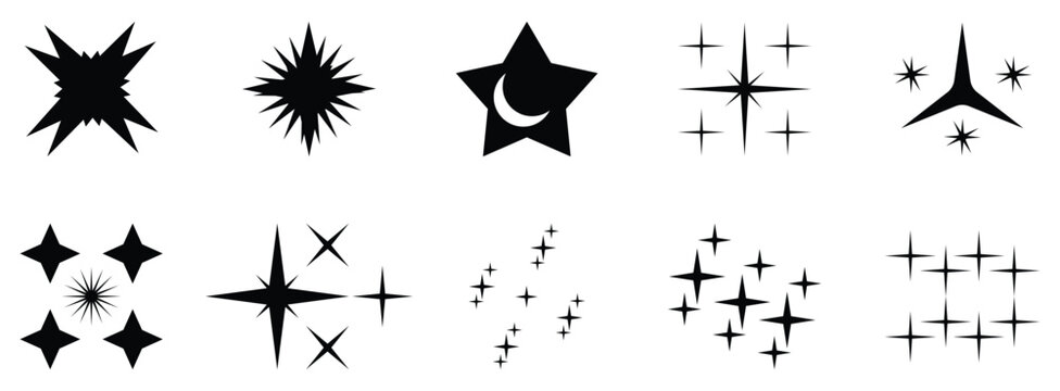 Vector set of different black sparkles Star icon.  black star set.  Stars sparkles vector. Star icon collection. Effect shine, glitter, twinkling and clean. Vector illustration.