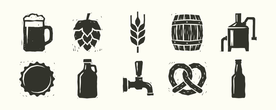 Craft beer brewing icons in rustic linocut style for artisan brewery branding