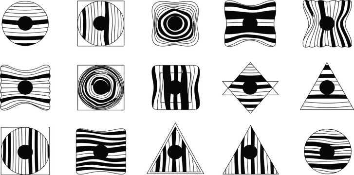 Black and white abstract striped geometric grid, optical illusion patterns with circles, squares, triangles, and star forms, vector illustration set