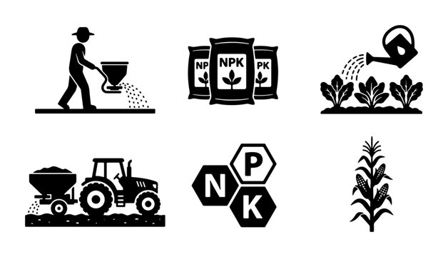 Agriculture Icons Set: Farmer, Fertilizer Bags, Watering Plants, Tractor, NPK Formula, Corn Crop, Vector Graphics for Farming and Gardening