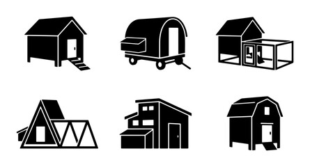 Farmhouse Icon Set, Chicken Coop Silhouettes, Rural Dwelling Graphics, Agricultural Building Vector Collection © Sharmin