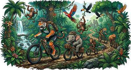 Tropical jungle safari animals riding bicycles vector illustration with cartoon tiger elephant monkey and parrot adventure scene © Sujon Shah