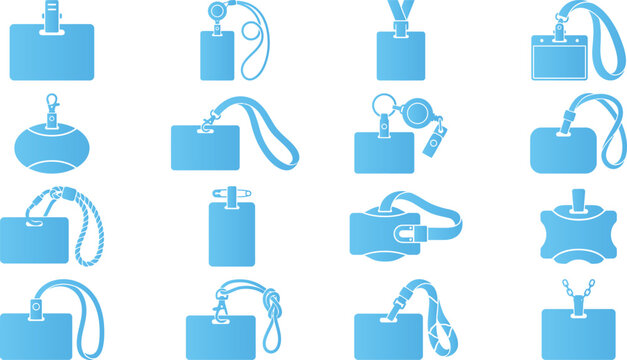 Collection of blue flat icons for identification badges and lanyards on white background.