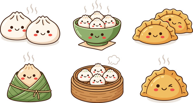 Cute kawaii dumpling and steamed snack cartoon collection with happy food characters vector illustration set design