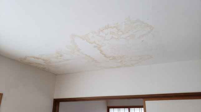 部屋の天井にできた雨漏りによる大きな水濡れのシミとカビによる住宅被害のイメージ