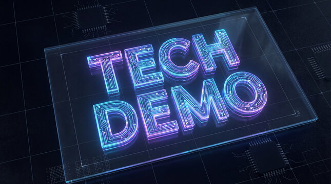 Tech demo text illuminating with vibrant neon light, displaying circuit board design on a transparent glass screen
