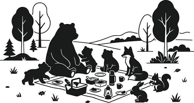 Forest animals picnic black silhouette vector illustration with bear family fox squirrel and rabbit in nature landscape background