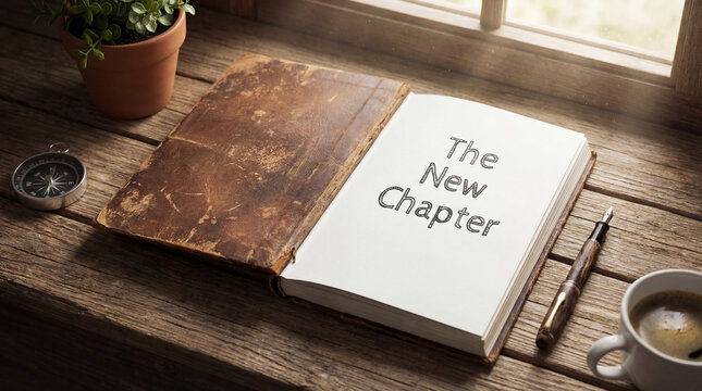 Open book with the new chapter text, inspiring new beginnings, growth, and life journey planning on a rustic table