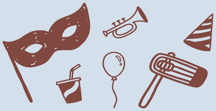 Hand drawn Purim elements on light blue background, including mask, noisemaker, trumpet, balloon, drink, and party hat.
