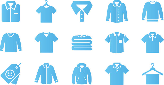 Fashion clothing icon set featuring shirts sweaters and apparel items for retail branding.
