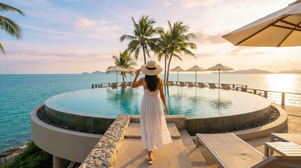 Obraz premium Woman enjoying tropical luxury resort vacation, walking towards infinity pool with ocean view at sunset