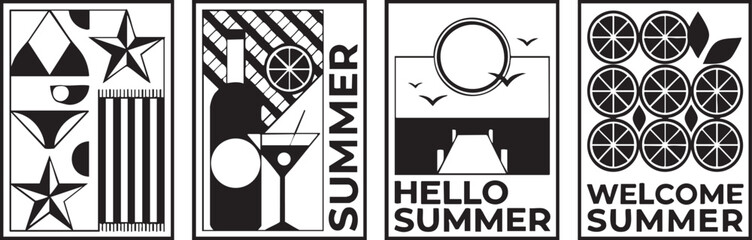 Summer holiday posters featuring minimalist graphic illustrations of beach themes cocktails sun and citrus fruits arranged in a modern clean black and white vector art style © Ajoy