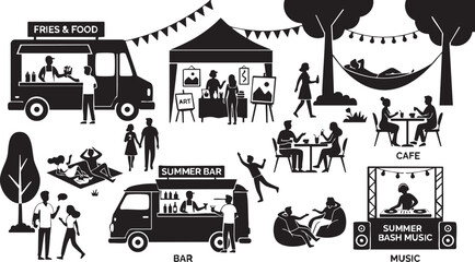 Naklejka premium Summer festival activities collection featuring food trucks art stalls outdoor cafe picnic scenes and live music performance silhouettes in a clean flat vector graphic design