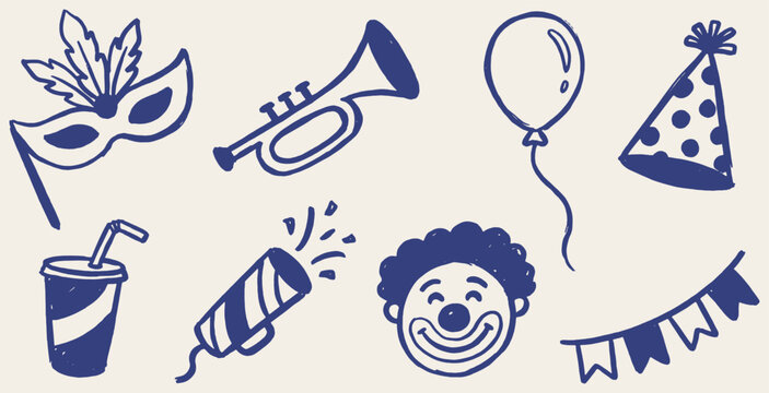 Hand-drawn illustration of party elements including a mask, trumpet, balloon, hat, drink, popper, clown, and bunting.