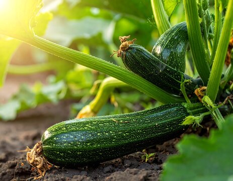 Close up of fresh green zucchini growing in a garden under sunlight