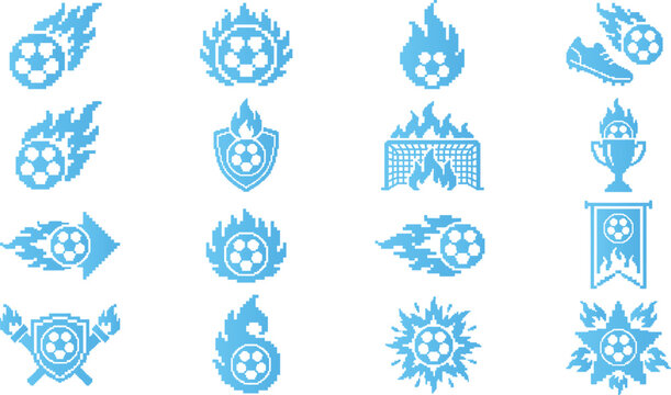 Collection of pixel art blue icons featuring soccer balls with motion and fire effects.