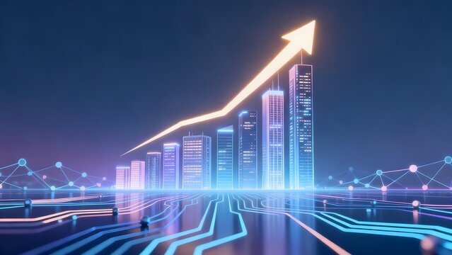 Futuristic city skyline with growth arrow