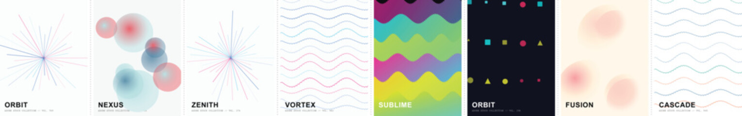 Abstract geometric vector background set, 8 modern graphic design elements with orbit and nexus themes, colorful wavy lines and fusion gradients © Ayesha Amjad