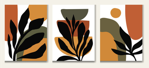 Stylish abstract botanical illustration set featuring organic leaves, geometric forms, and earthy neutral colors. Mid century modern inspired wall art collection perfect for posters, interior decor, b © Idee khan