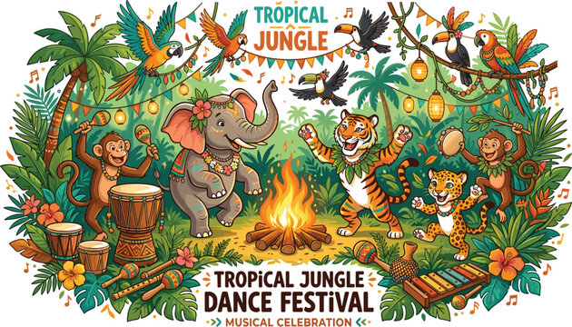 Tropical jungle dance festival vector illustration with cartoon wild animals playing music and dancing around the campfire