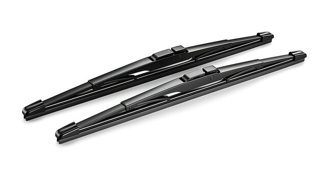 Pair of black windshield wiper blades isolated on white background
