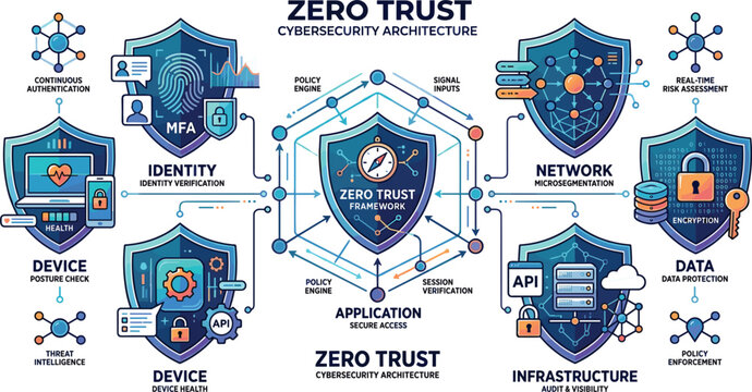 Zero trust cybersecurity architecture vector infographic banner with shield identity network data protection and device compliance elements
