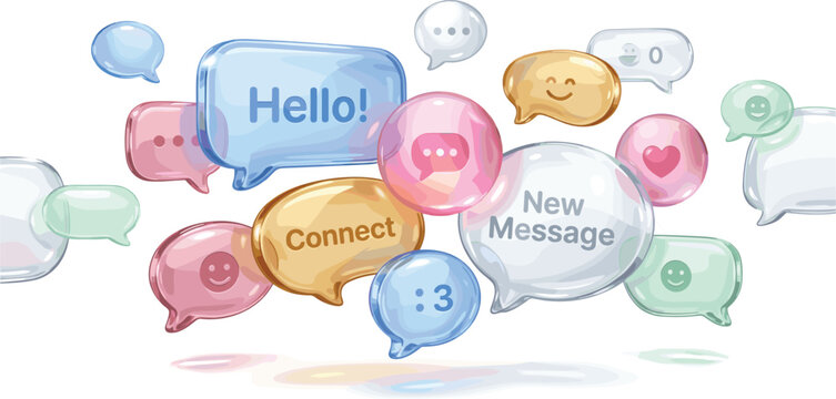 3D glossy speech bubble vector illustration with transparent glass chat boxes for social media network communication layout