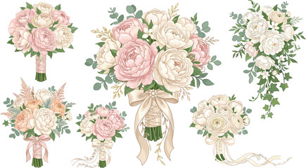 Elegant wedding flower bouquet vector illustration set with pink peony rose eucalyptus leaves and romantic ribbons for invitations © Sujon Shah