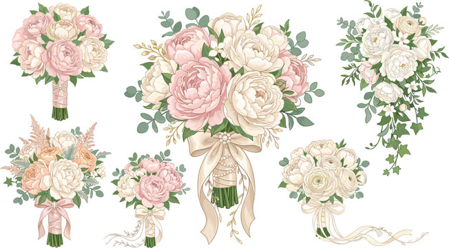 Elegant wedding flower bouquet vector illustration set with pink peony rose eucalyptus leaves and romantic ribbons for invitations