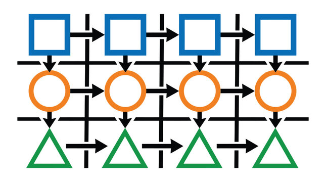 Abstract grid network with interconnected blue squares, orange circles, and green triangles, symbolizing data flow and digital connections