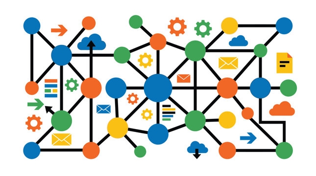 abstract network of connected nodes and data flow with gears and cloud icons, representing digital communication and technology systems