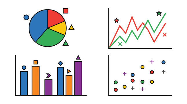Collection of four colorful graphic representations of data, including a pie chart, line graph, bar chart, and scatter plot, illustrating different data visualization methods