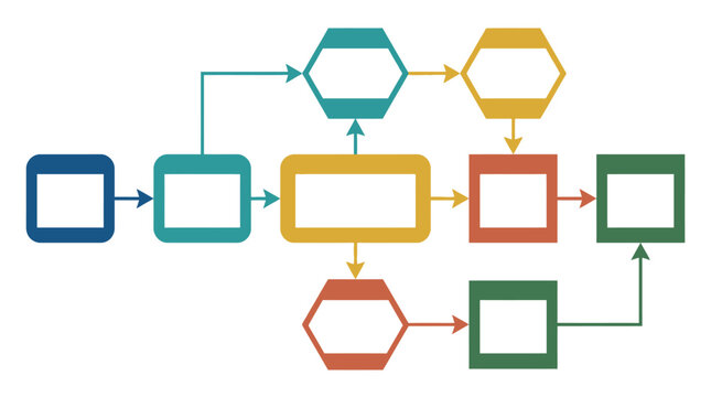 flowchart diagram with various shapes and colors, representing process steps, decision points, and connections, business strategy concept