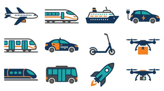 Pixel art collection of diverse transportation modes, including airplane, train, cruise ship, electric car, taxi, scooter, drone, and rocket, symbolizing travel and logistics