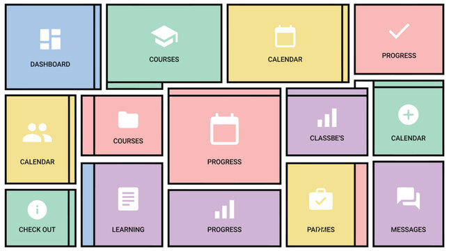 Organized dashboard layout with colorful blocks for business metrics, tasks, and planning, representing data visualization and workflow management