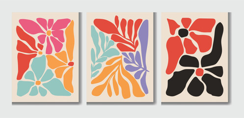 Minimal abstract botanical artwork featuring organic leaf shapes and flowing forms in soft pastel and earthy tones. Modern mid century inspired triptych design ideal for wall decor, posters, prints, b © Idee khan