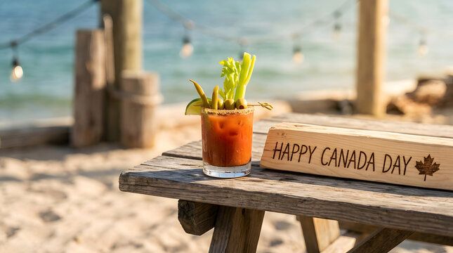 Happy canada day sign on wooden table with caesar drink cocktail celebration