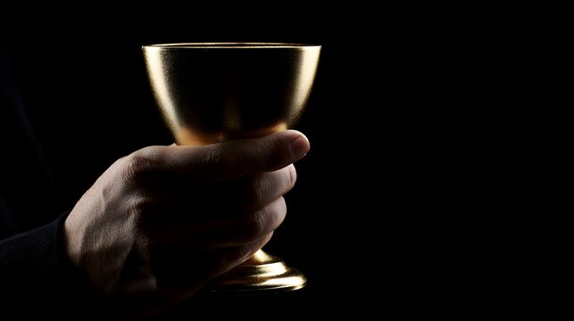 Close-up of a hand holding a gleaming gold chalice
