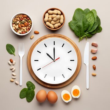 Clock surrounded by healthy food ingredients and utensils on beige background