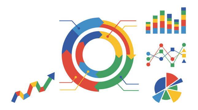 Set of colorful flat icons representing data analysis, charts, graphs, and statistics, ideal for business reports and presentations