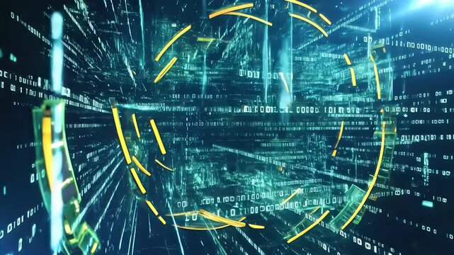 Abstract digital data stream with binary code and glowing circuits. Panning camera movement through futuristic cyberspace.