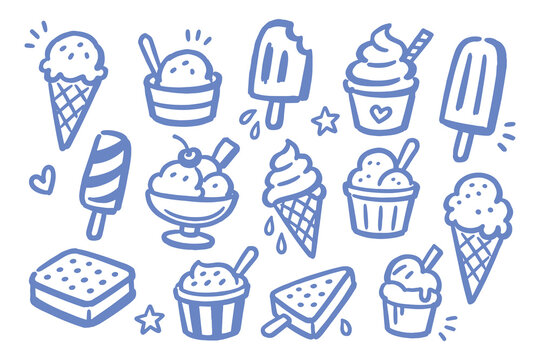Ice Cream Desserts Set Light Blue Doodle Sketch Vector